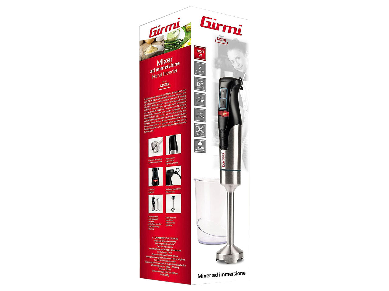 Mixer ad immersione potenza 800w con fusto in acciaio inox da 19cm e impugnatura ergonomica nera, smontabile per un lavaggio piu' accurato