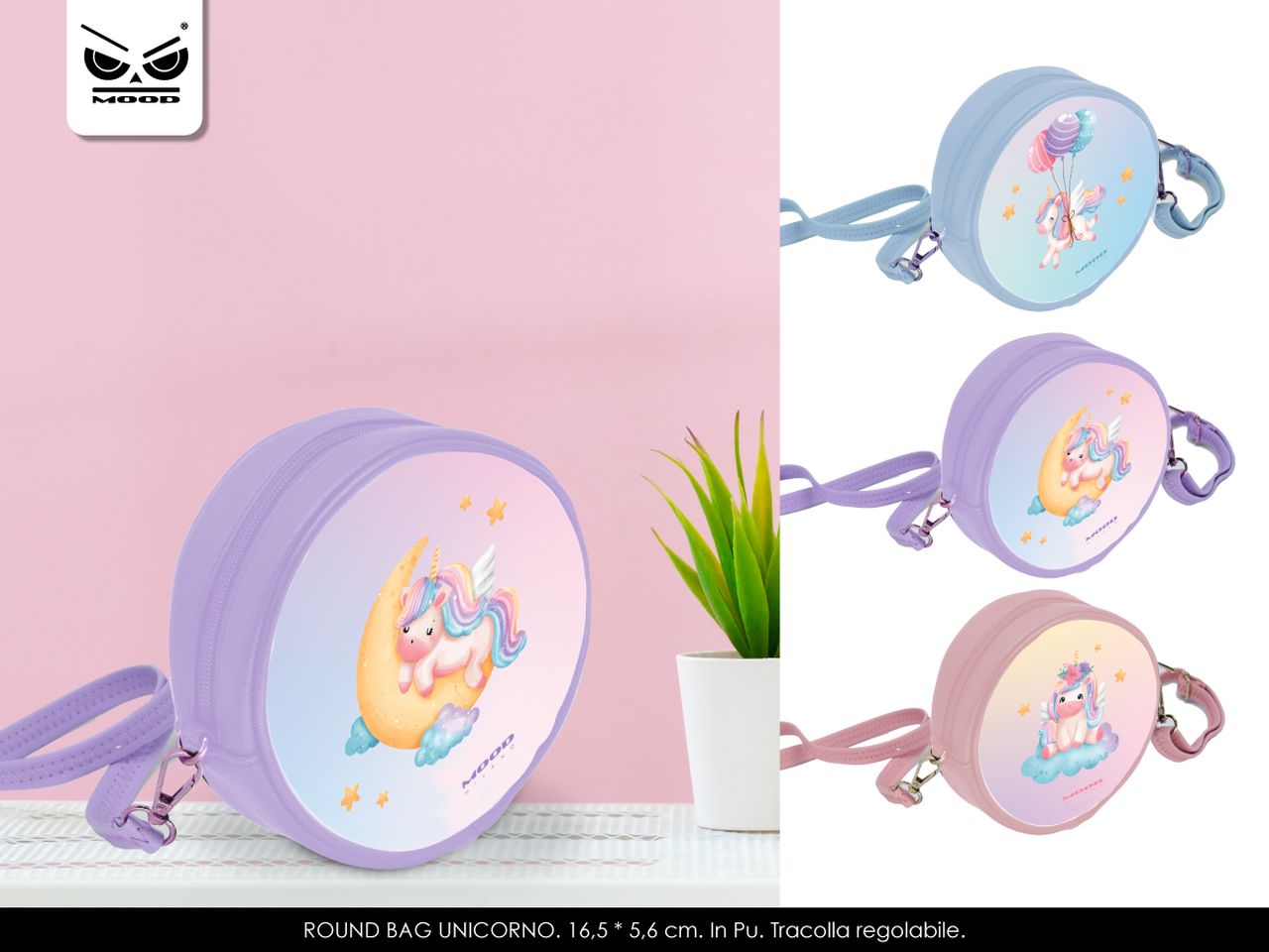 Unicorn dream round bag misura 16,5x5,6cm con tracolla regolabile