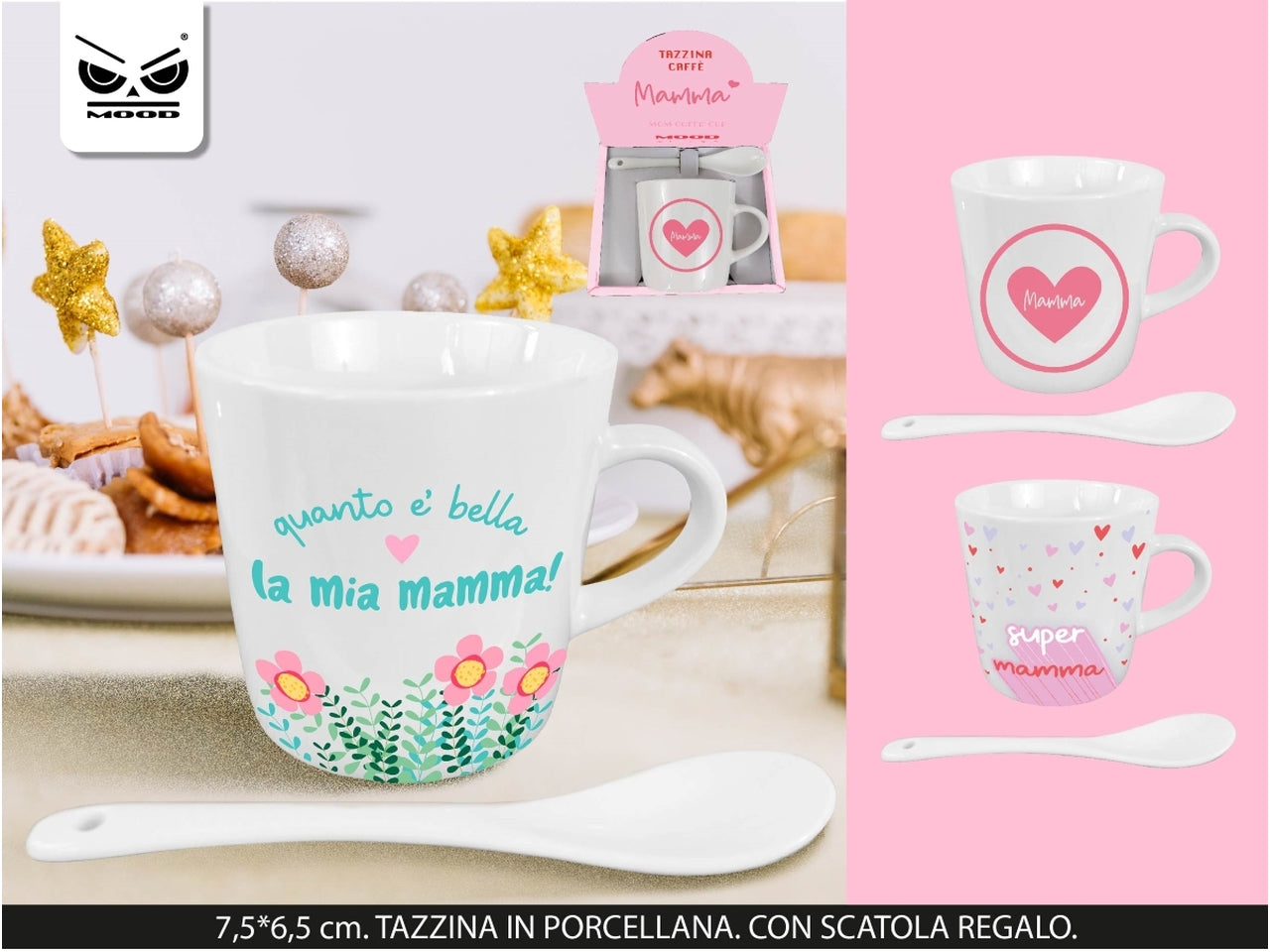 Tazzina con cucchiaino con dedica mamma 7,5x6,5cm con scatola regalo