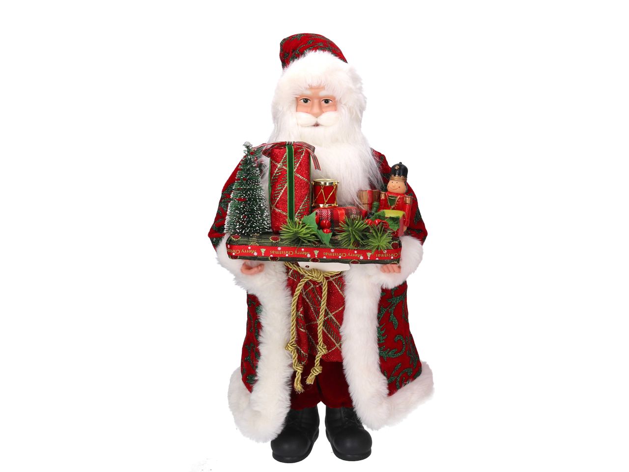 Babbo natale in tessuto damascato colore rosso con pacchi regalo misura h.45cm