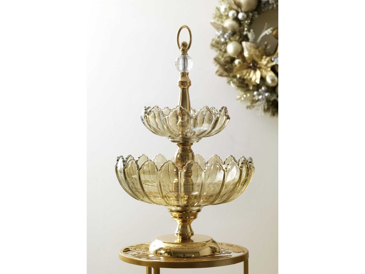 Alzata in vetro fumè e metallo con dettagli dorati 30x44cm stile vintage - Vacchetti