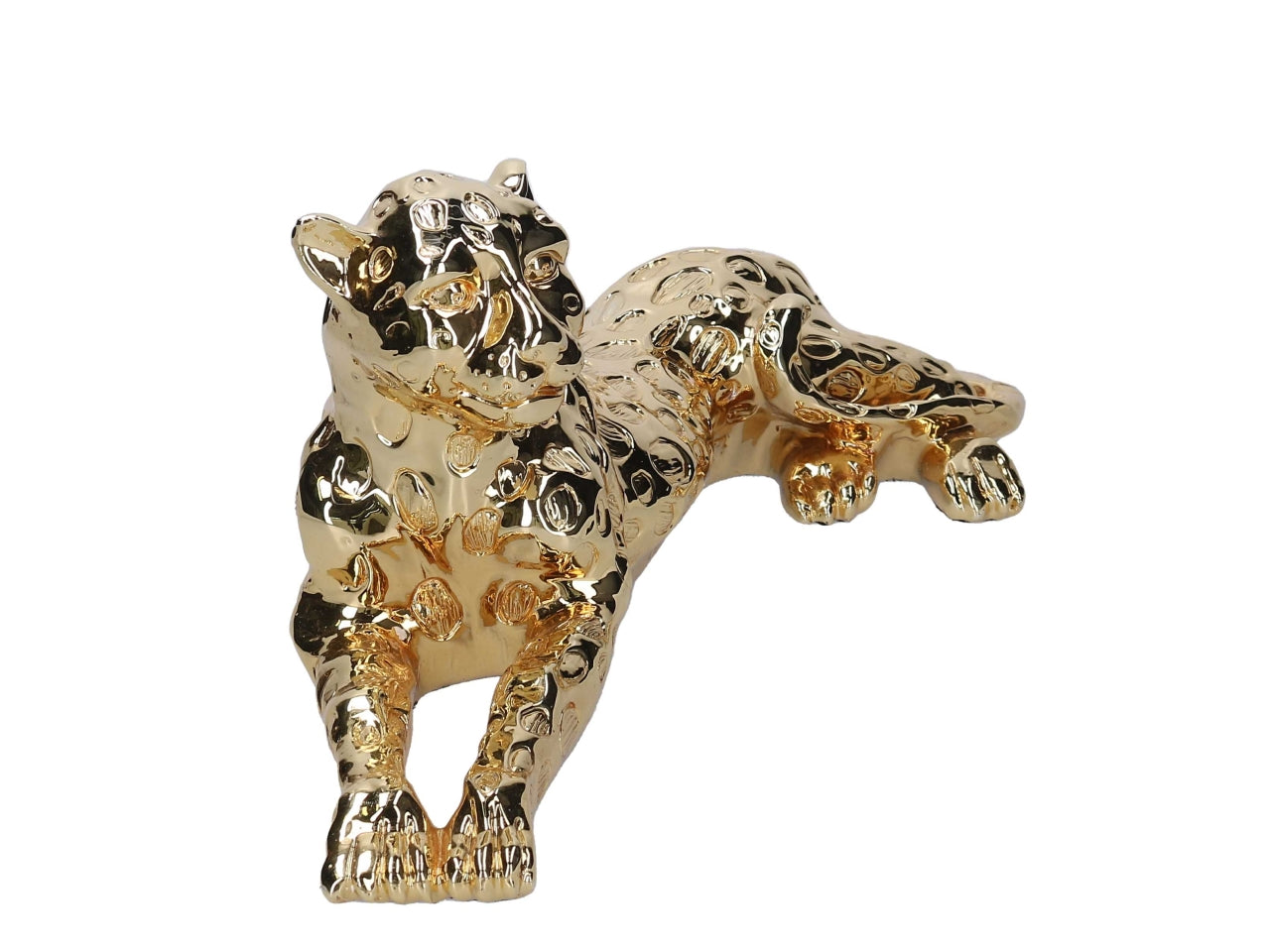 Statua giaguaro supino in resina dorata lucida stile jungle 53x20 cm - Vacchetti