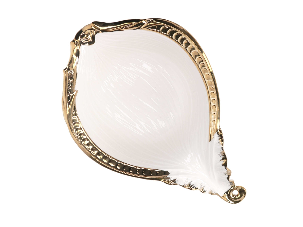 Svuotatasche in ceramica a forma di foglia oro e bianco 28x19,2x8,1cm