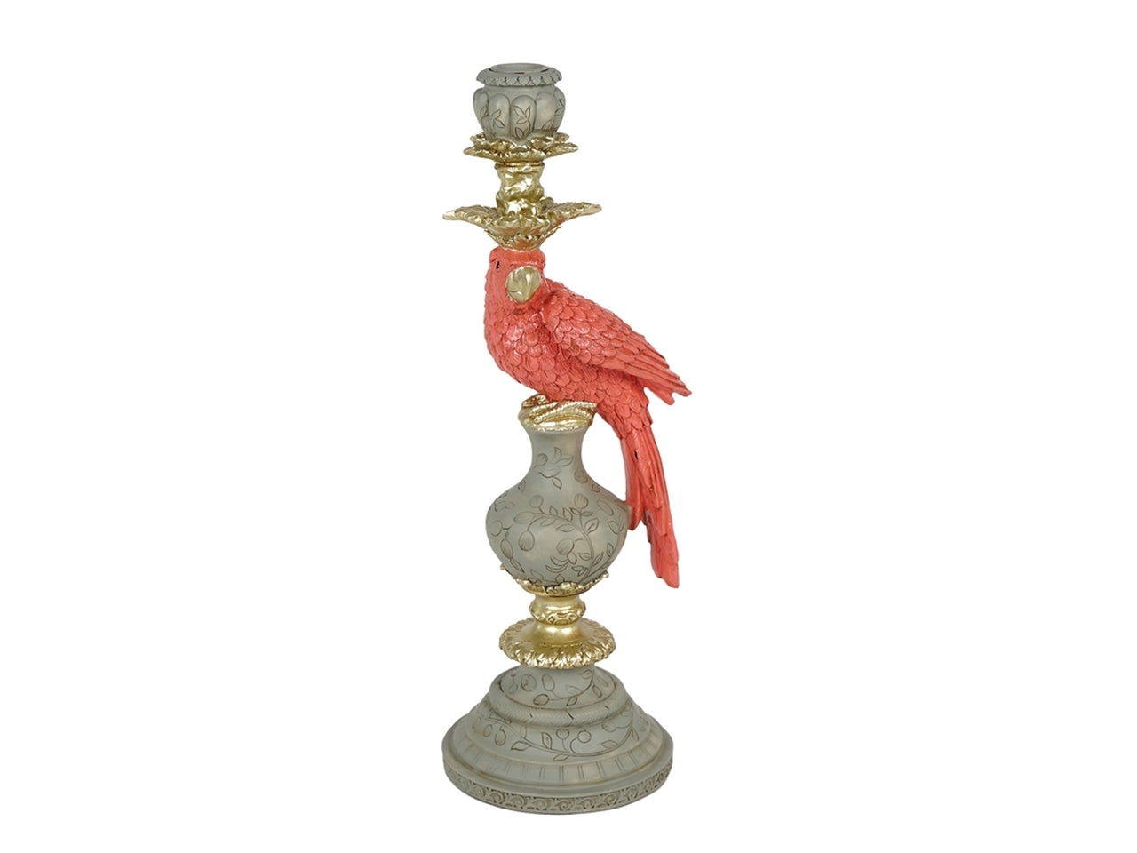 Candelabro pappagallo Jungle in resina verde salvia, arancio e dorato - 40 cm - Plàthea