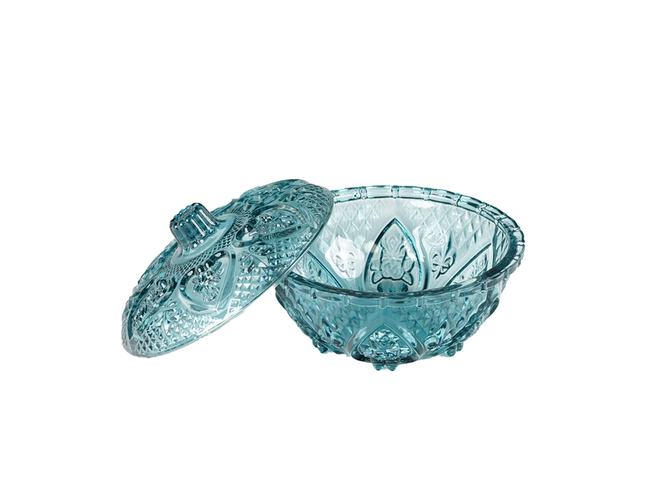 Ciotola con coperchio classica in vetro, decoro a rilievo, blu - 10x17 cm - Plàthea
