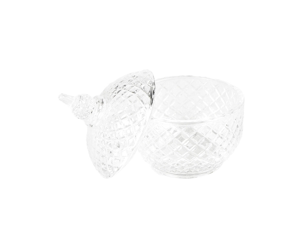 Coppetta classica con coperchio in vetro trasparente e decoro arilievo, d.10x12 cm - Plàthea