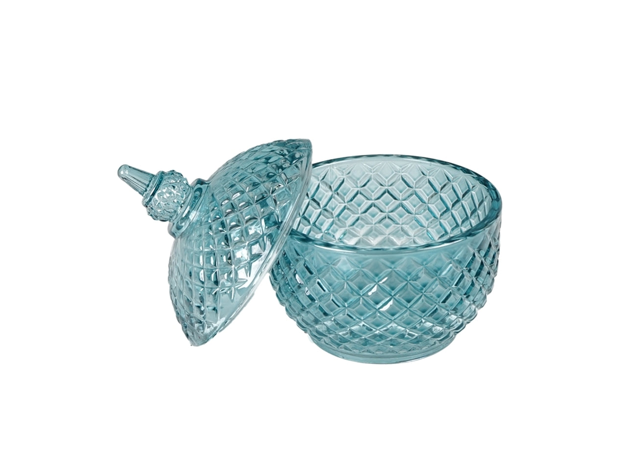 Coppetta classica con coperchio in vetro blu traslucido e decoro arilievo, d.10x12 cm - Plàthea