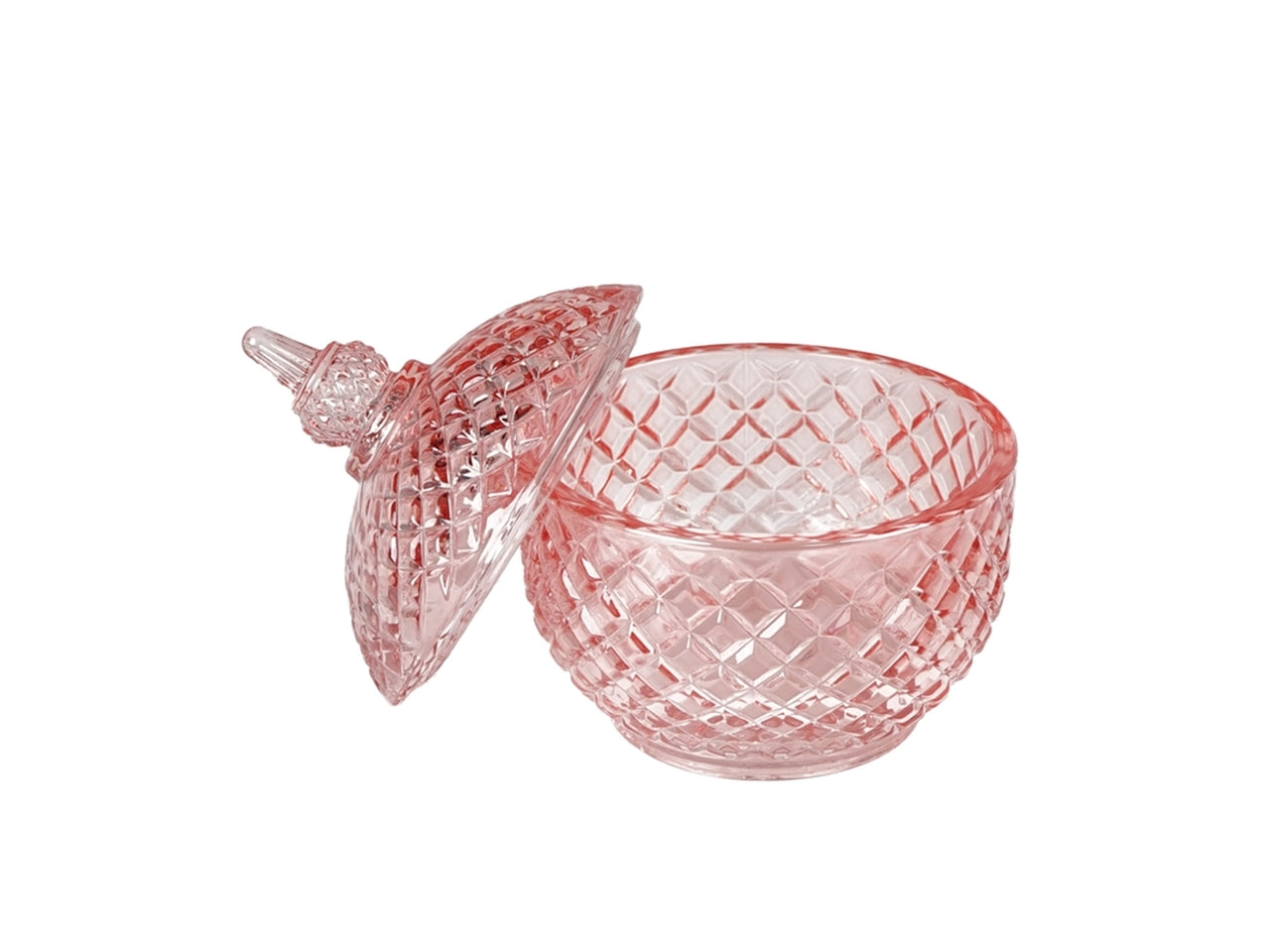 Ciotola con coperchio classica in vetro, decoro a rilievo, rosa - 12x10 cm - Plàthea