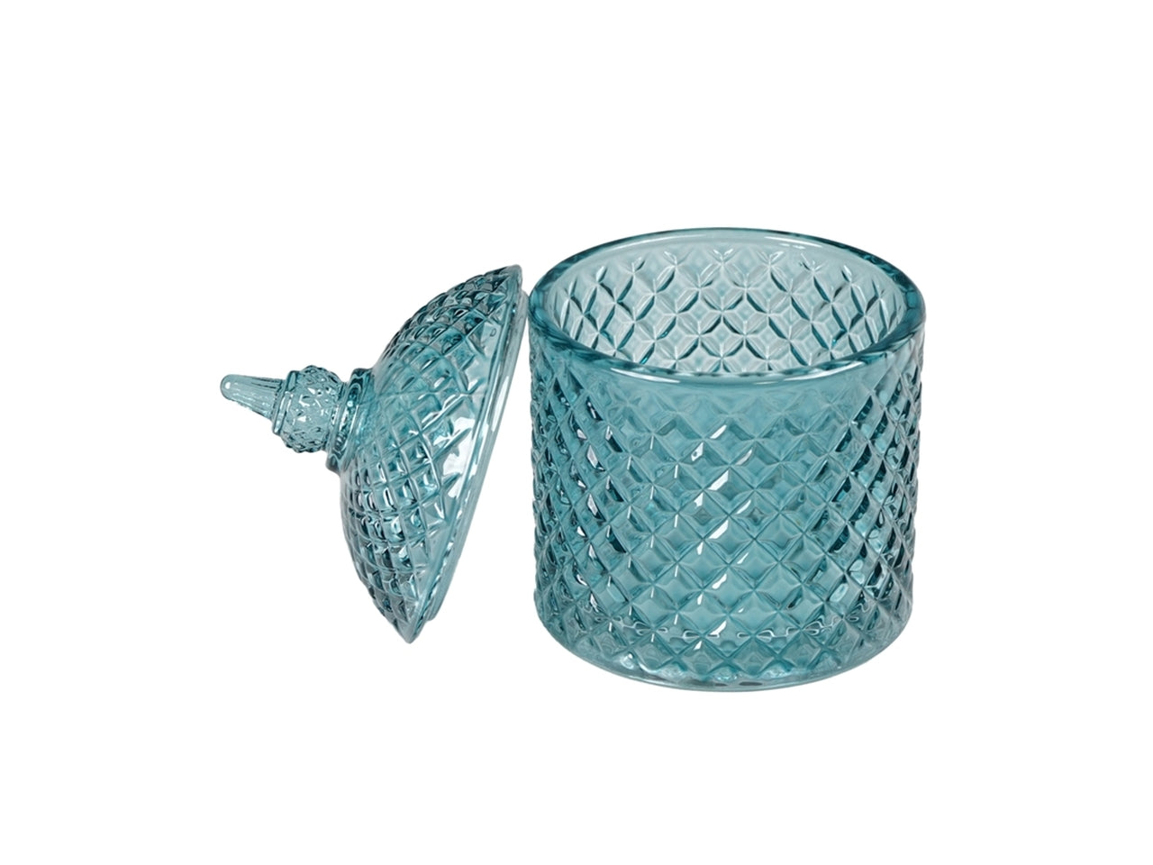 Vaso con coperchio classico in vetro, decoro a rilievo, blu -15x10 cm - Plàthea
