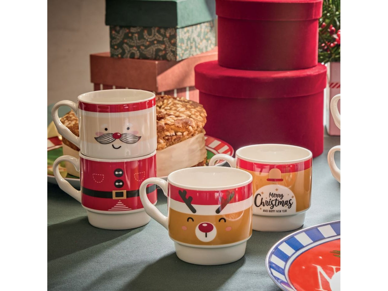 Tazza mug natalizia impilata 330cc in new bone china multicolor, set da 2 pezzi 15x8,5cm - Tognana