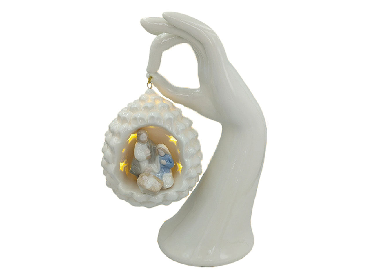 Statua mano con pigna natività in porcellana lucida con led 20,2x16,5x9 cm - Giardini di Marzo