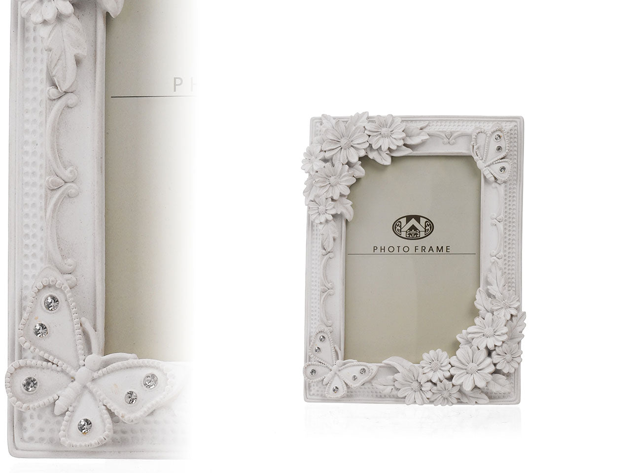 Cornice portafoto in resina bianco stile romantico con dettagli fiori e farfalle a rilievo - 10x15 cm - Giardini di Marzo
