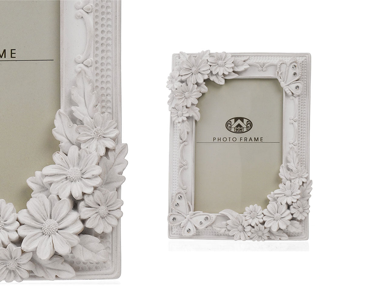 Cornice portafoto in resina bianco stile romantico con dettagli fiori e farfalle a rilievo - 13x18 cm - Giardini di Marzo
