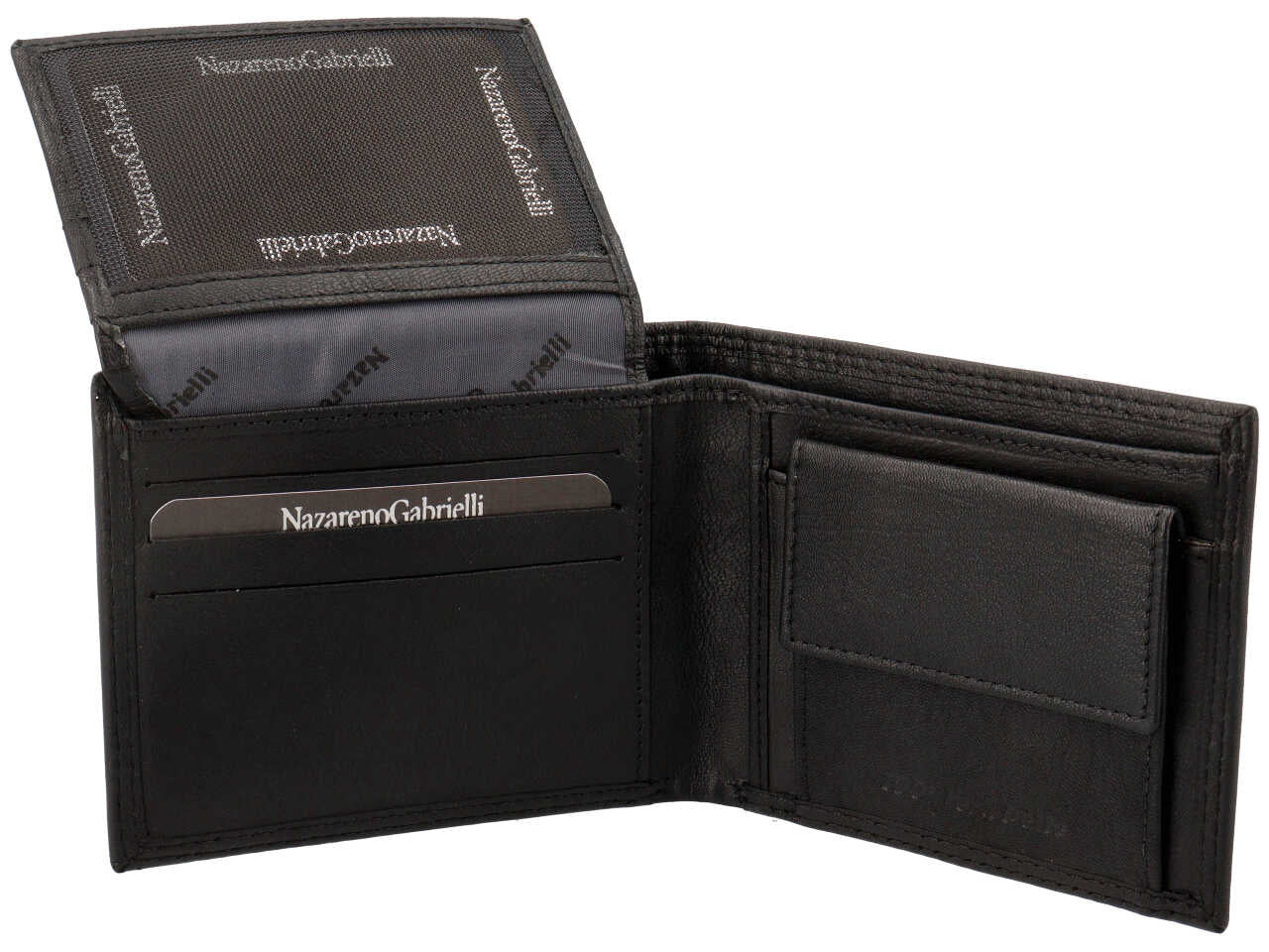 Portafoglio da uomo Nazareno Gabrielli in pelle nero 10,5x8x1,5 cm