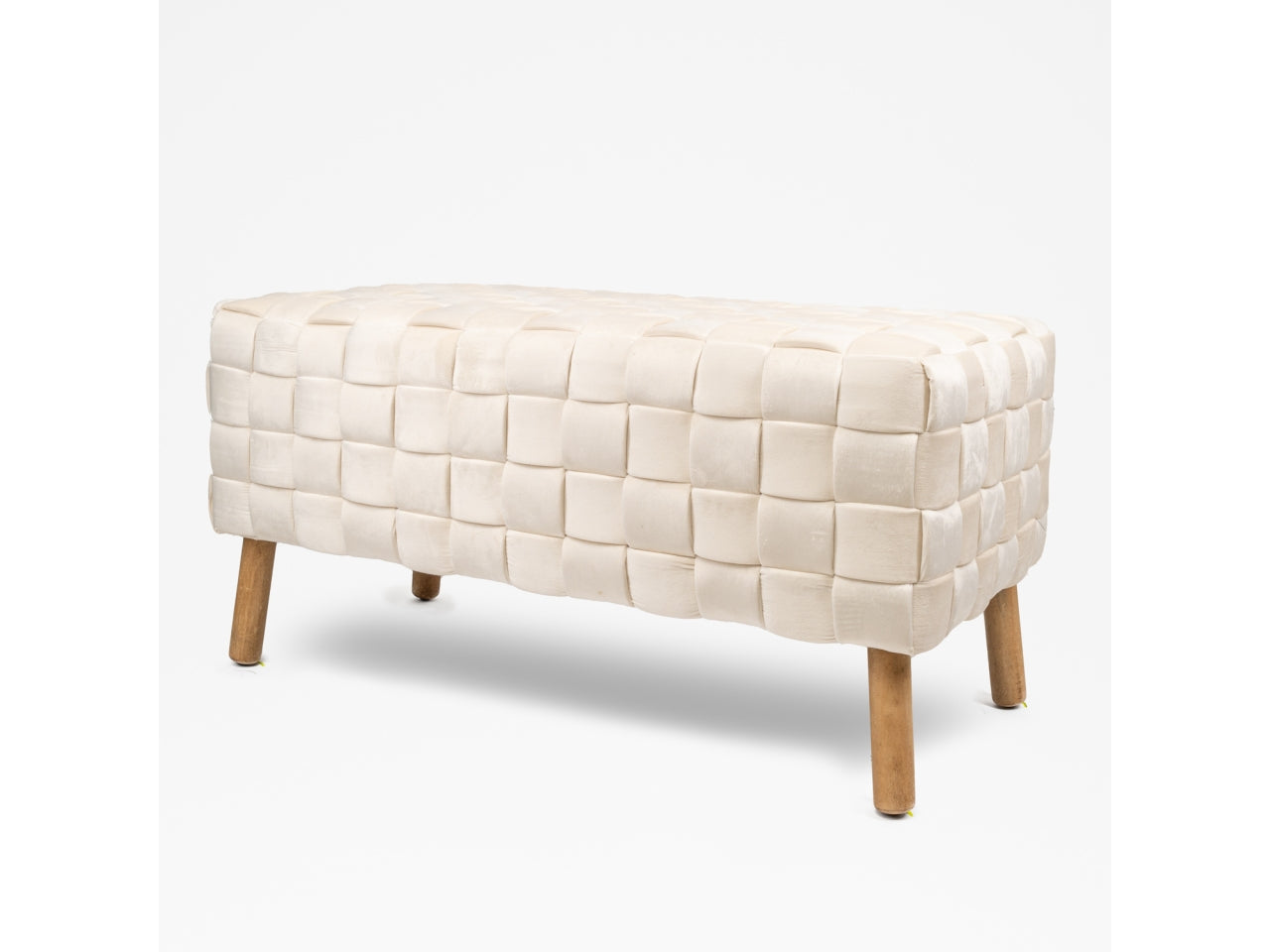 Panca in velluto crema contemporanea con intreccio e piedi in legno 100x46x48 cm - Silani