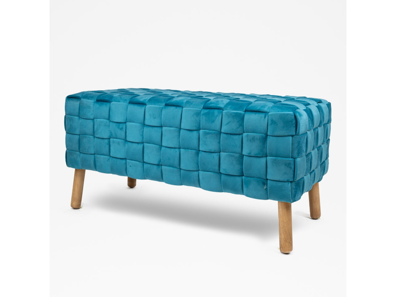 Panca in velluto ottanio contemporanea con intreccio e piedi in legno 100x46x48 cm - Silani