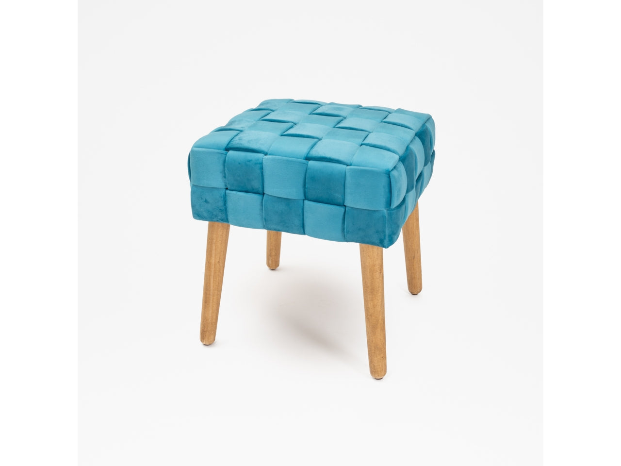 Pouf in velluto ottanio contemporaneo con intreccio e piedi in legno 41x41x45 cm - Silani