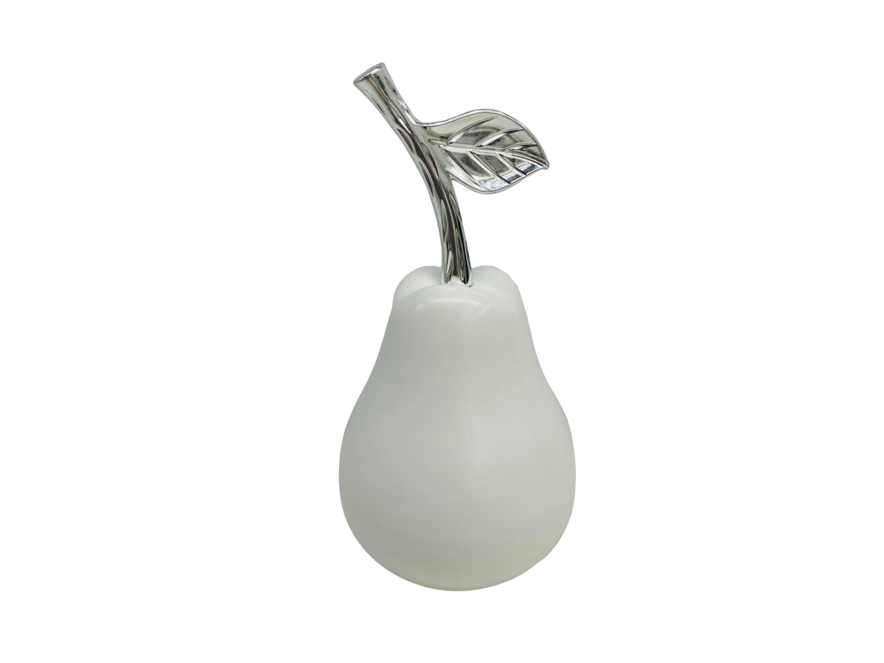 Pera decorativa in ceramica bianca opaca con gambo argentato 11x11x21 cm - Casa Milano