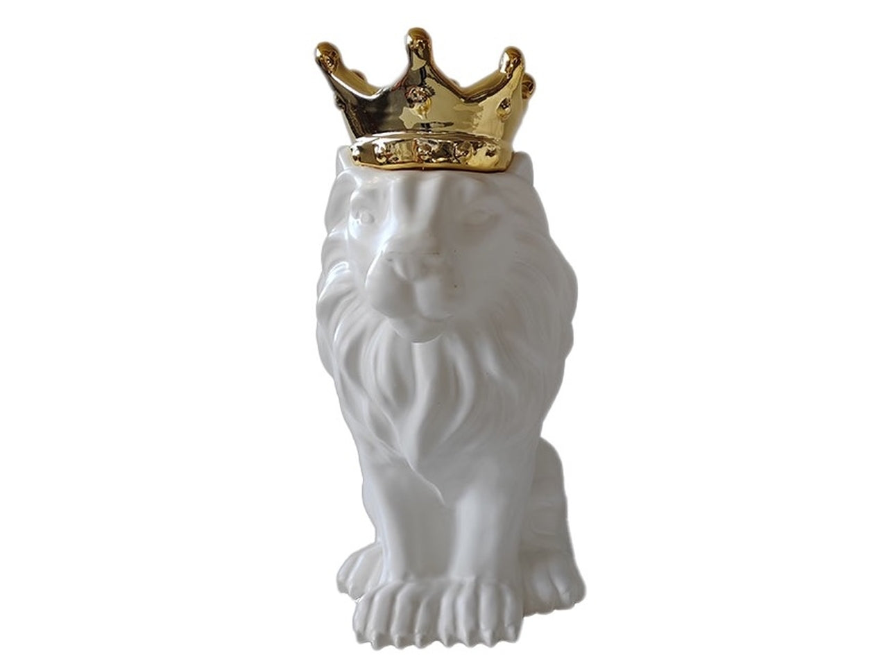 Leone decorativo in ceramica contemporaneo bianco opaco con corona oro 26 cm - Casa Milano