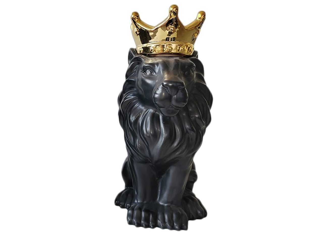 Leone decorativo in ceramica contemporaneo nero opaco con corona oro 26 cm - Casa Milano