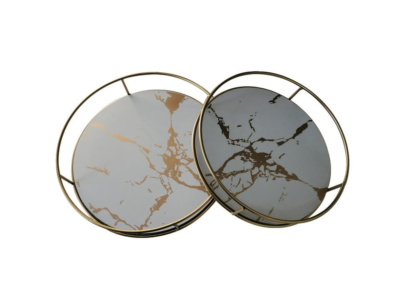 Vassoio decorativo rotondo in metallo e mdf bianco art dèco con base marmorea, set da 2 - Casa Milano