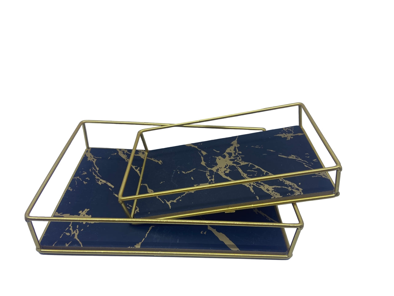 Vassoio decorativo rettangolare in metallo e mdf nero art dèco con base marmorea, set da 2 - Casa Milano