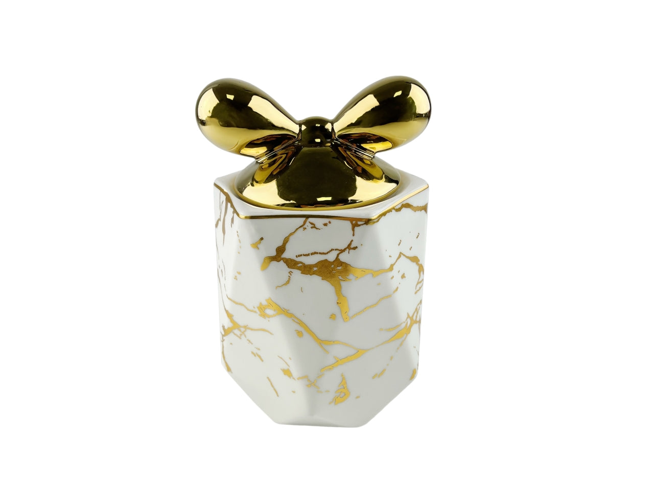 Barattolo decorativo in porcellana bianco effetto marmorizzato con tappo fiocco oro da 2700 ml - Casa Milano