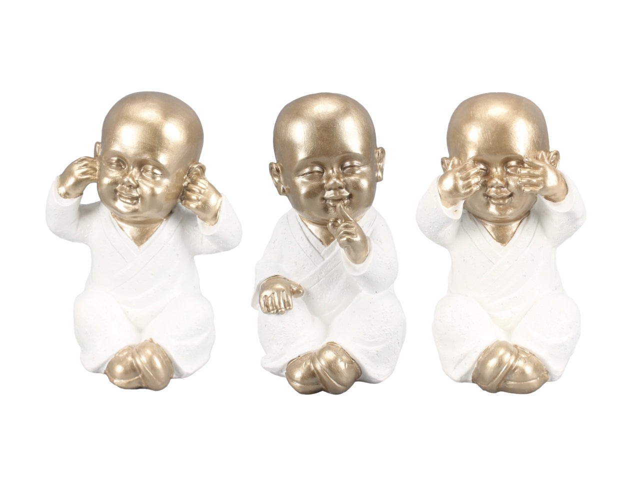 Statua Buddha non vedo non sento non parlo in poliresina etnico bianco e oro opaco, set 3 pezzi 14x14x21 cm - Casa Milano