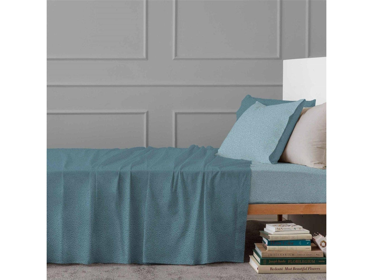 Set Completo Lenzuola Matrimoniale Arios Pois Azzurro Cielo, Puro Cotone, Linea Oro Carillo Home