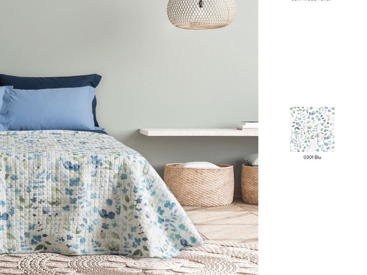 Trapunta matrimoniale primaverile Giulia in tessuto stampato floreale blu stile country 260x260 cm - Carillo Home