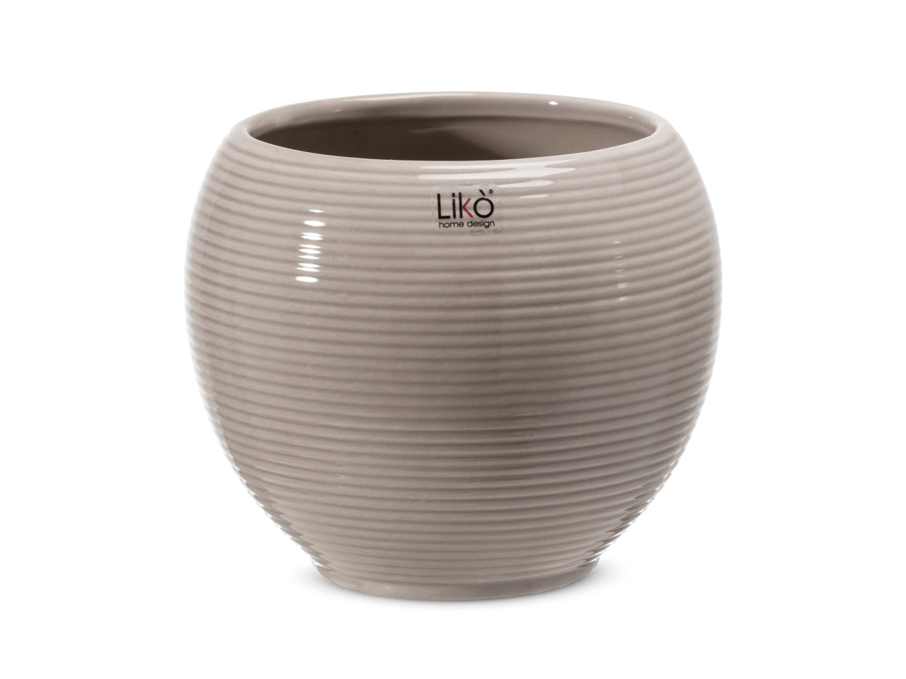 Vaso cachepot portapiante moderno in ceramica lucida grigio chiaro, forma cilindrica rigata d.16xh.13,5 cm - Likò