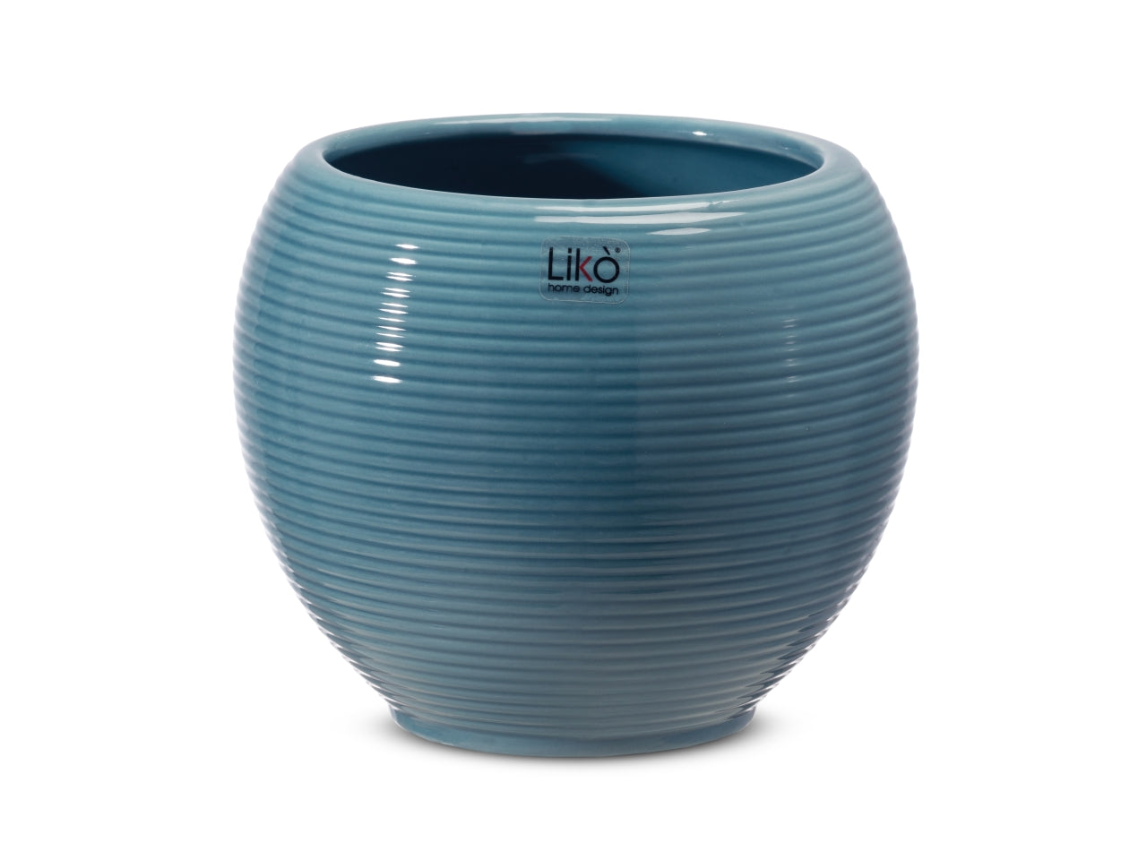 Vaso cachepot portapiante moderno in ceramica lucida blu, forma cilindrica rigata d.16xh.13,5 cm - Likò