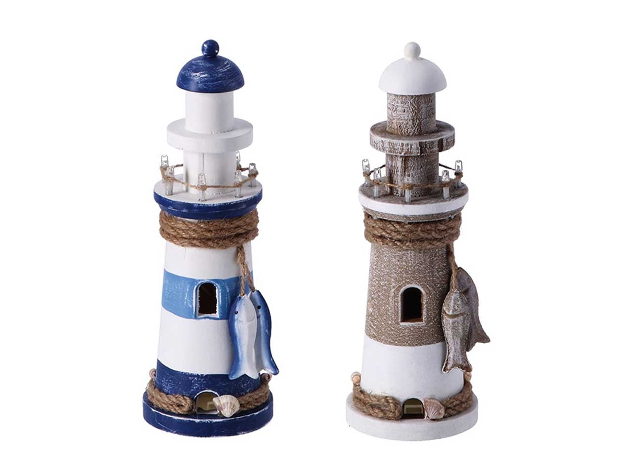 Faro decorativo in legno con 7 led a luce calda stile marinaro, 25,5 cm - AD Trend