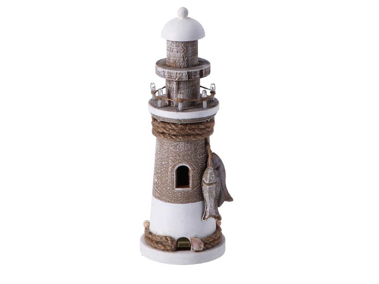 Faro decorativo in legno con 7 led a luce calda stile marinaro, 25,5 cm - AD Trend