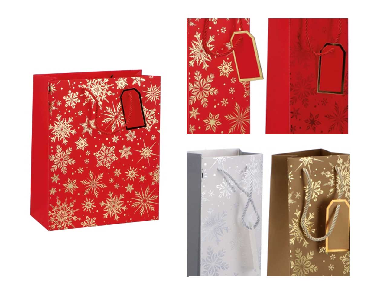 Busta regalo natalizia fiocco di neve in carta 3 colori assortiti 26x12x32 cm - AD Trend