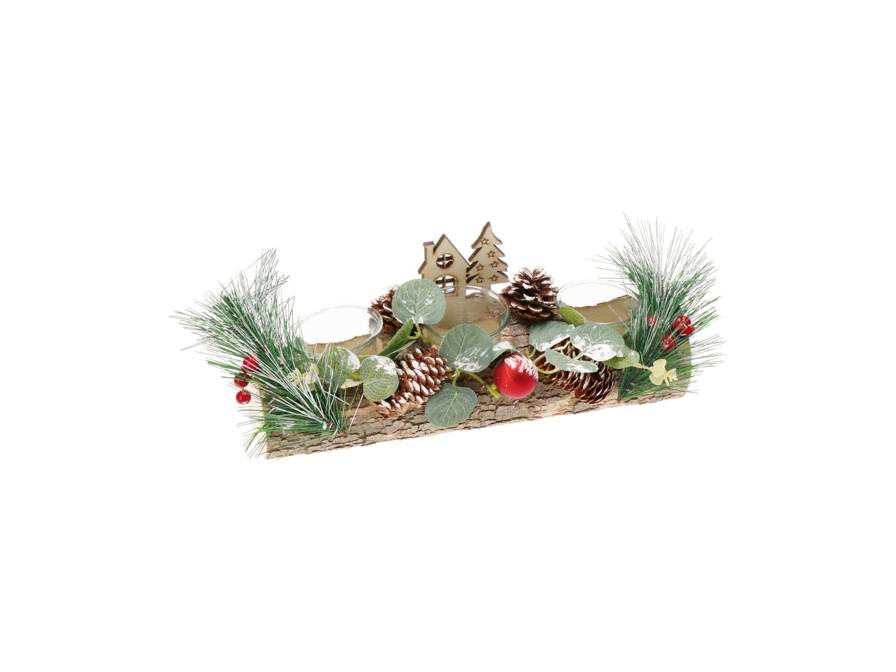 Porta tea light natalizio in legno multicolor con vetro e neve sintetica 33x14x15 cm - AD Trend