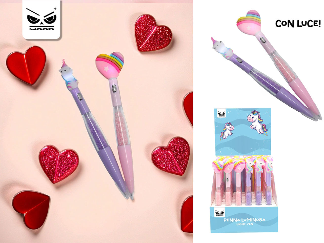 Penna unicorno heart luce glitter