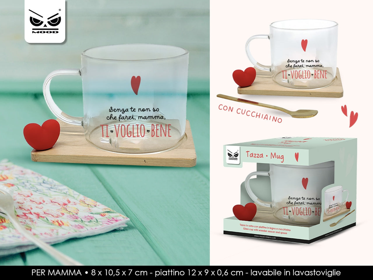 Tazza in vetro ti voglio bene mamma con piattino in legno e cucchiaino