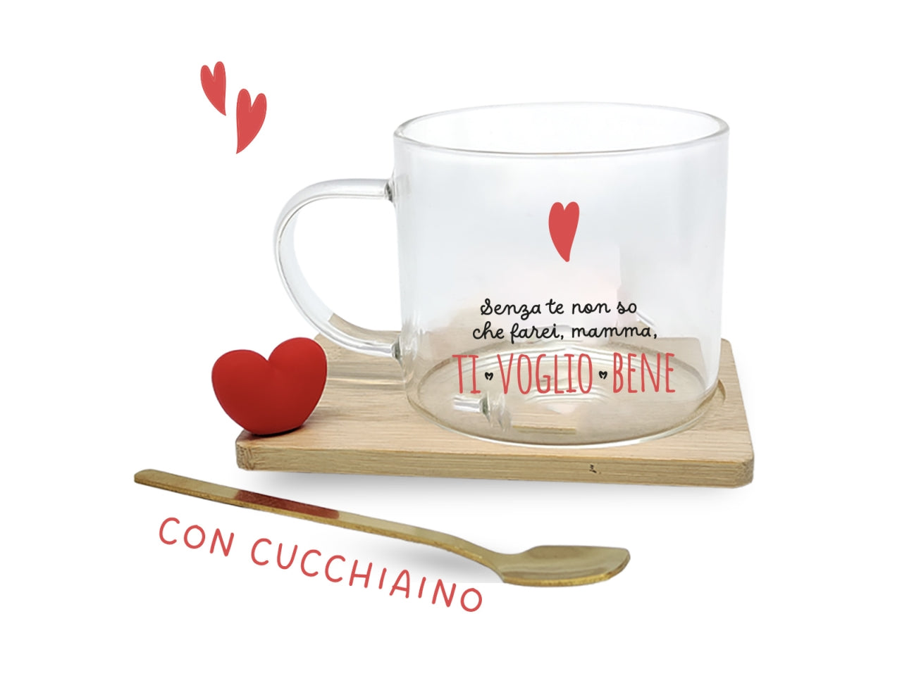 Tazza in vetro ti voglio bene mamma con piattino in legno e cucchiaino