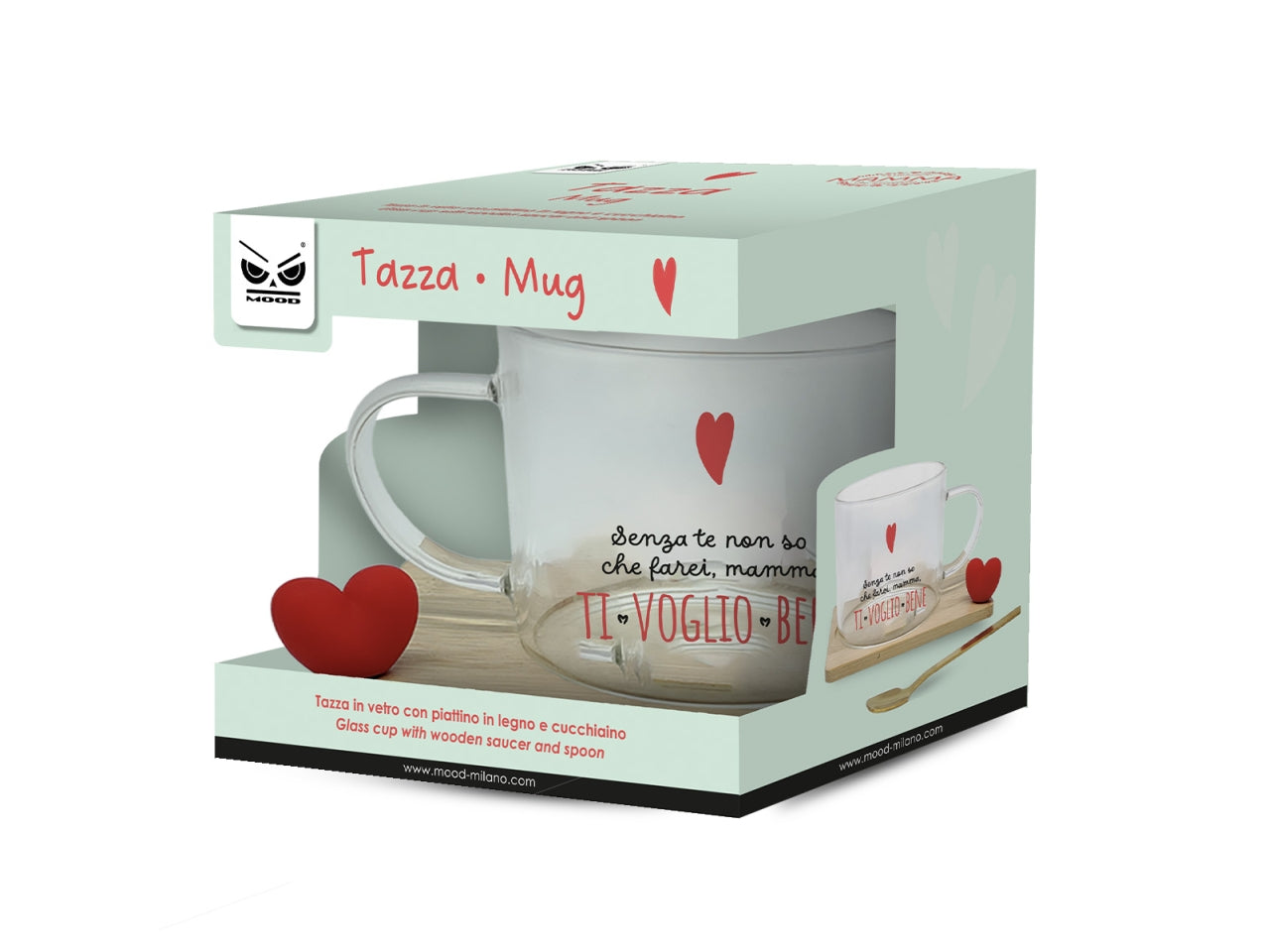 Tazza in vetro ti voglio bene mamma con piattino in legno e cucchiaino