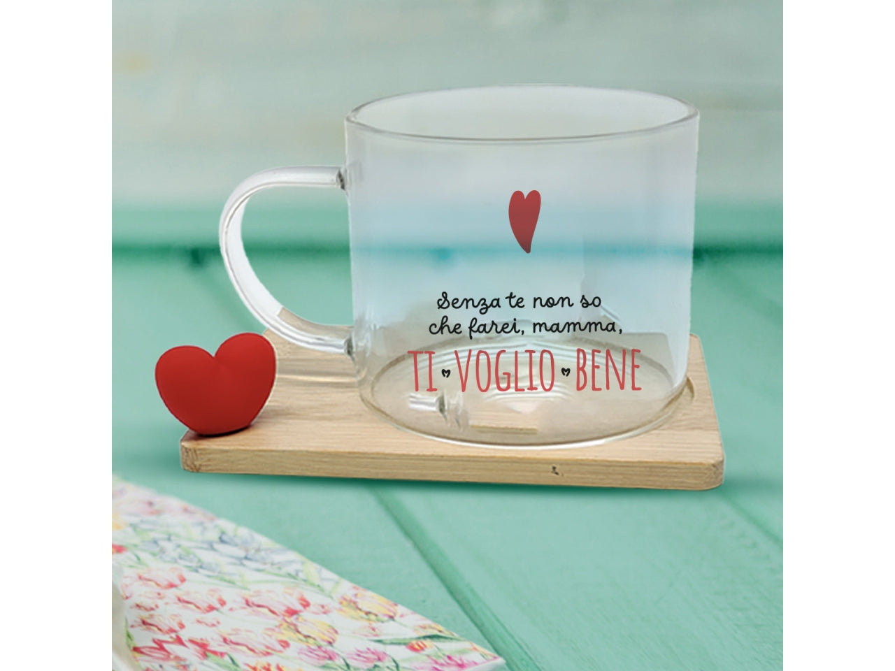 Tazza in vetro ti voglio bene mamma con piattino in legno e cucchiaino