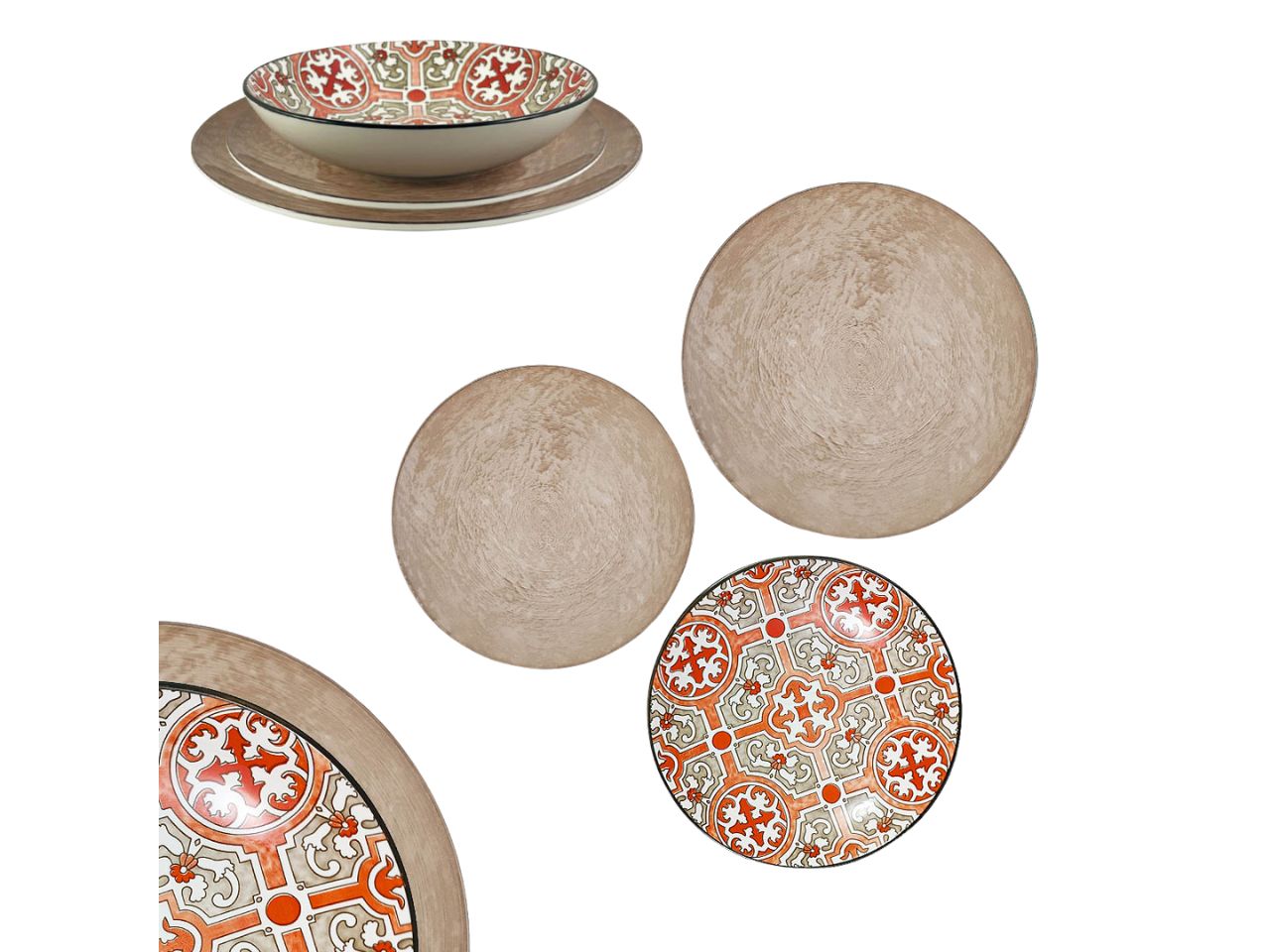Servizio di piatti in porcellana, stile mediterraneo fantasia maiolica, color tortora e rosso, per 6 persone - 18 pezzi con piatti piani, fondi, dessert - diametro 27/20/20cm - ARCA