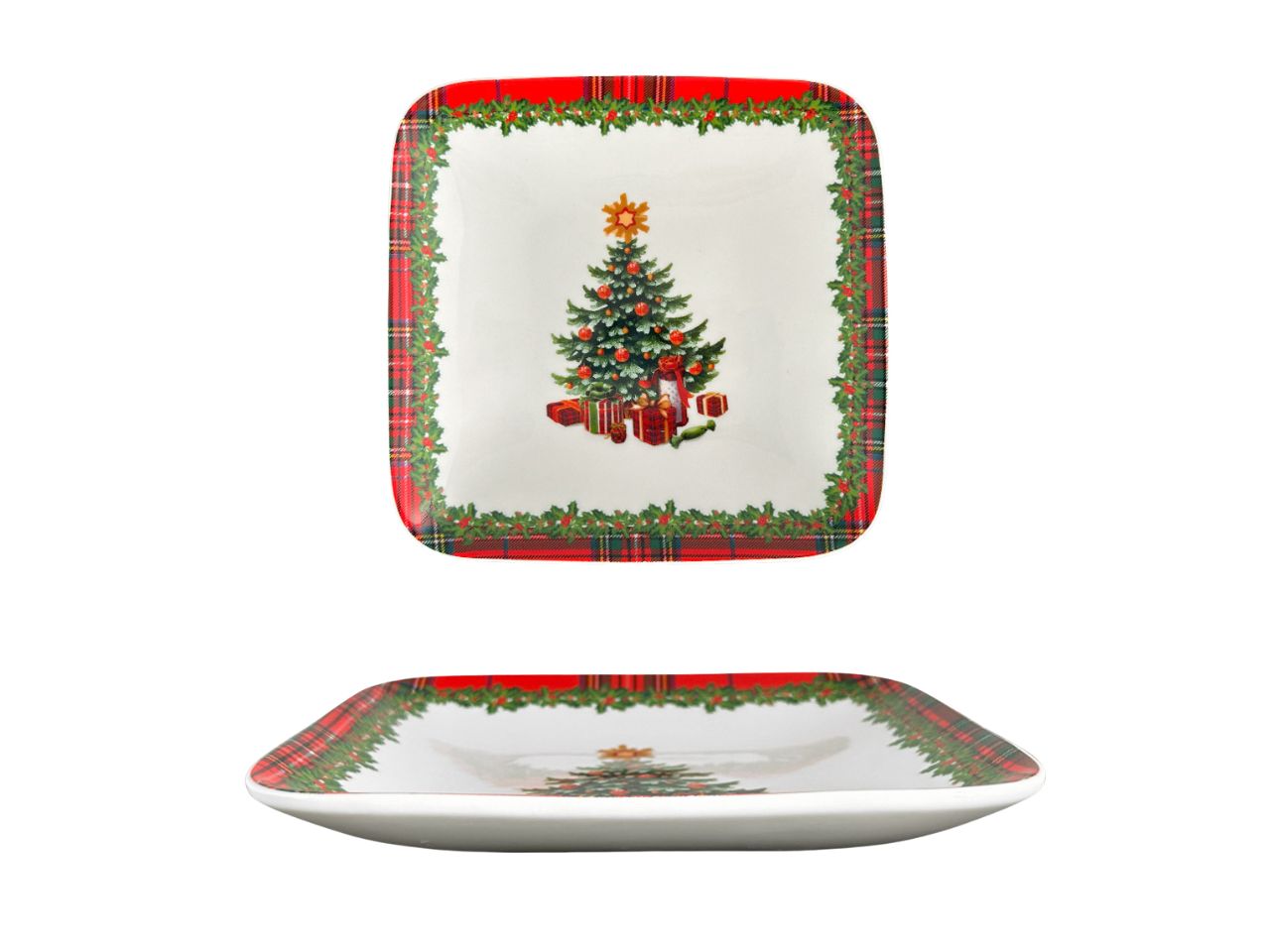 Vassoio quadrato natalizio in ceramica rosso, verde e bianco tartan multicolor 12x12 cm - Arca