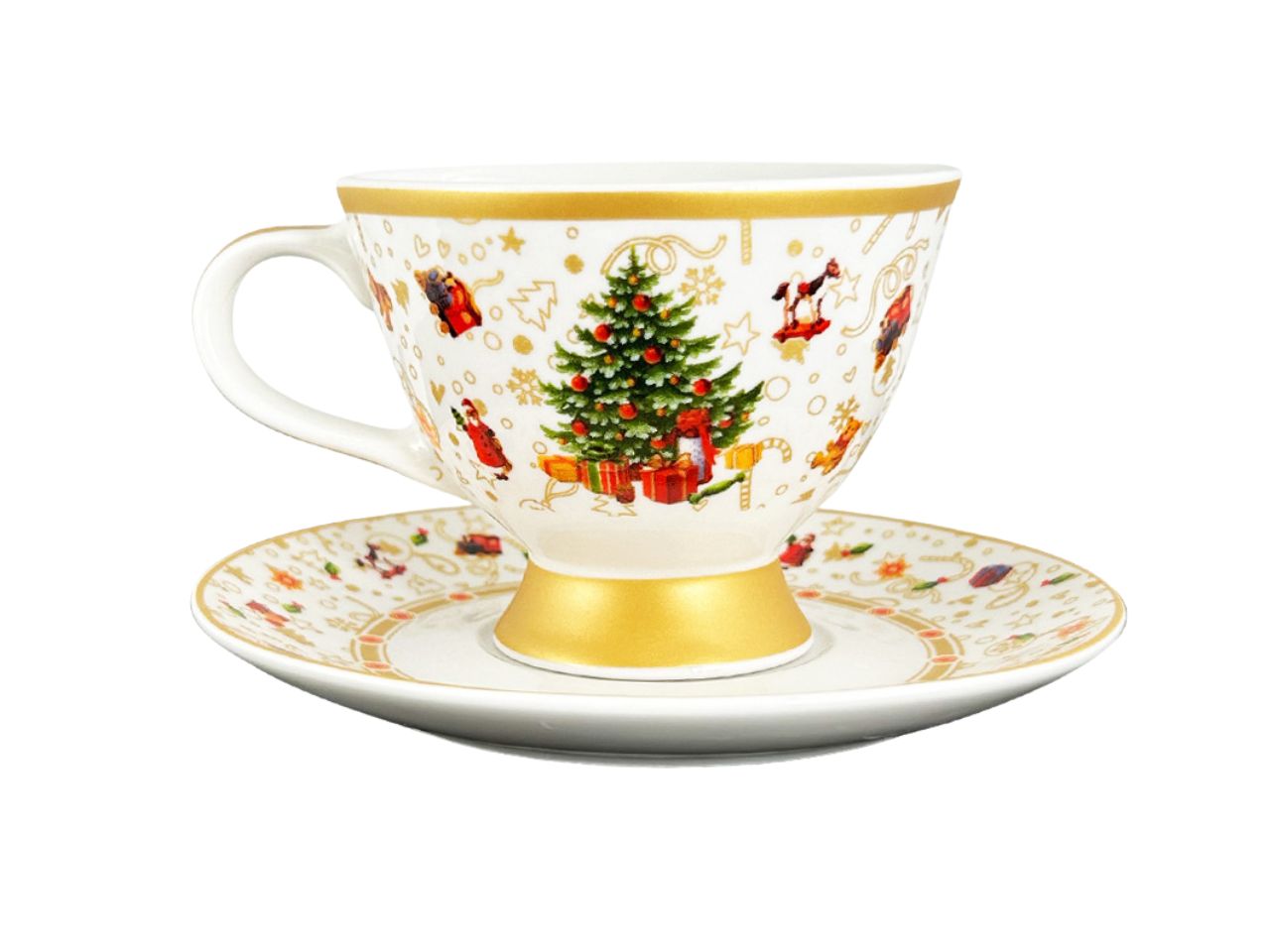 Tazza tè natalizia con piattino in ceramica dorata, verde e bianco - Arca