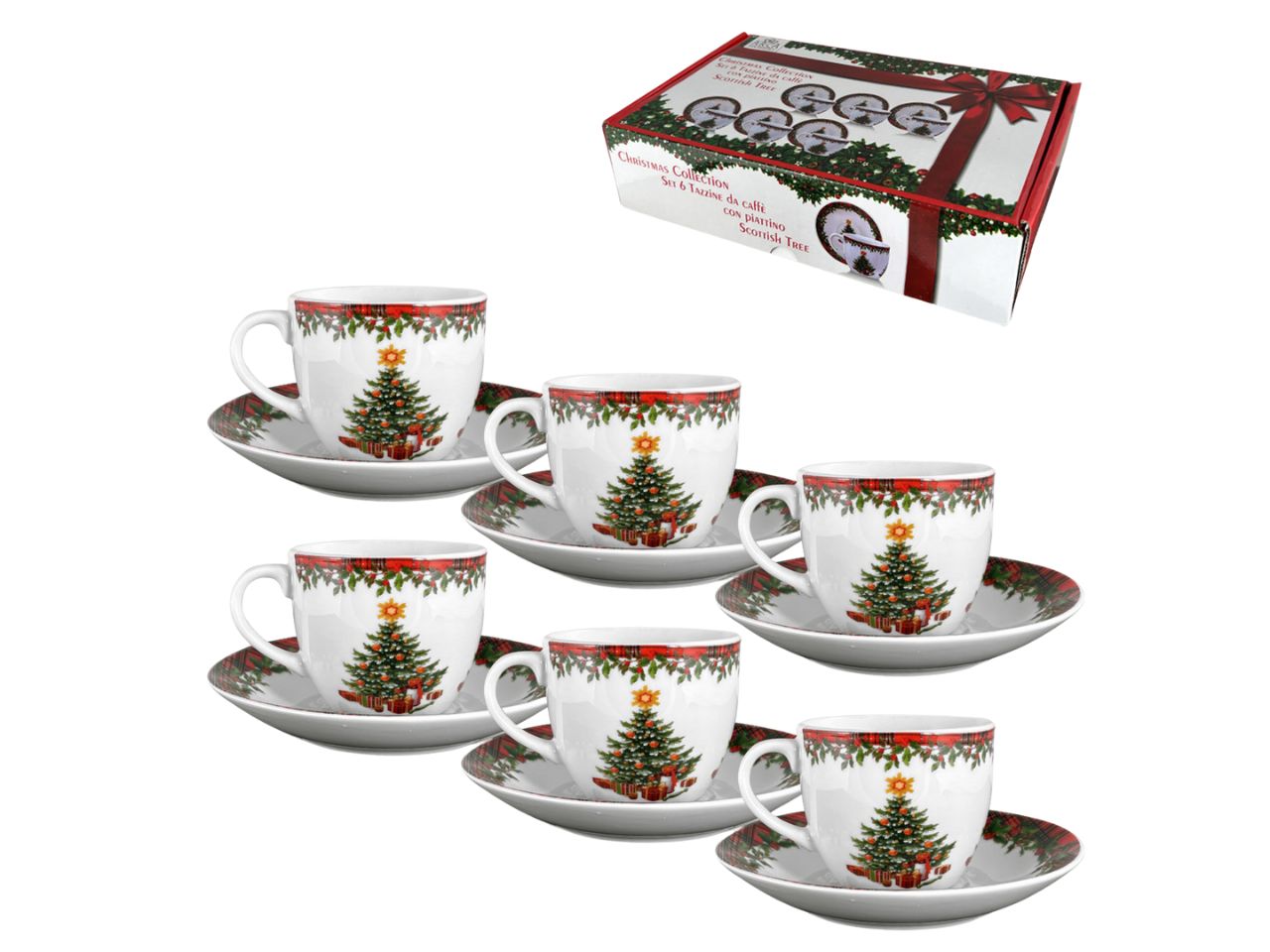 Tazzine caffè natalizie in ceramica rosso verde e bianco tartan con piattino, set 6 pezzi - Arca