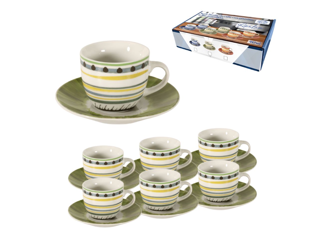 Tazzine da caffe stile mediterraneo in porcellana verde 90 ml, set da 6 tazze e 6 piattini, Linea Apulia - Maison Tortorà