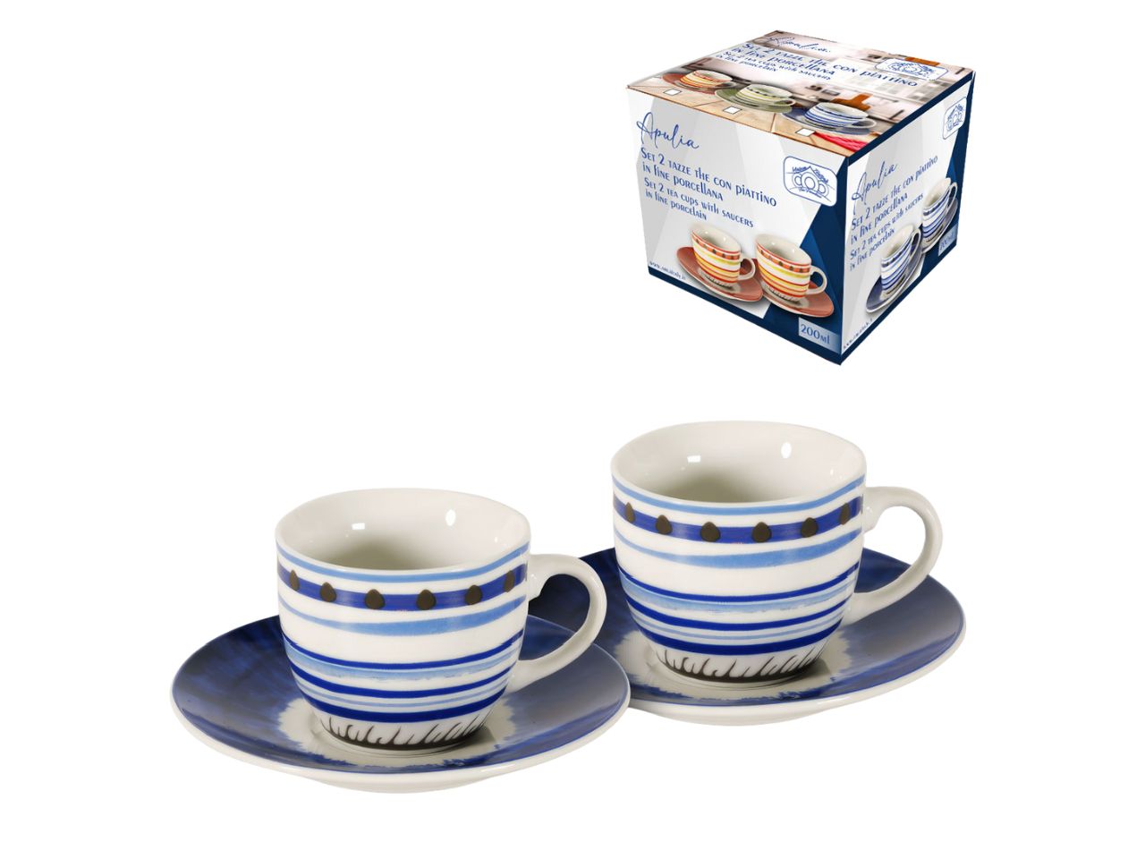 Tazzine da caffe stile mediterraneo in porcellana blu 200 ml, set da 2 tazze e 2 piattini, Linea Apulia - Maison Tortorà