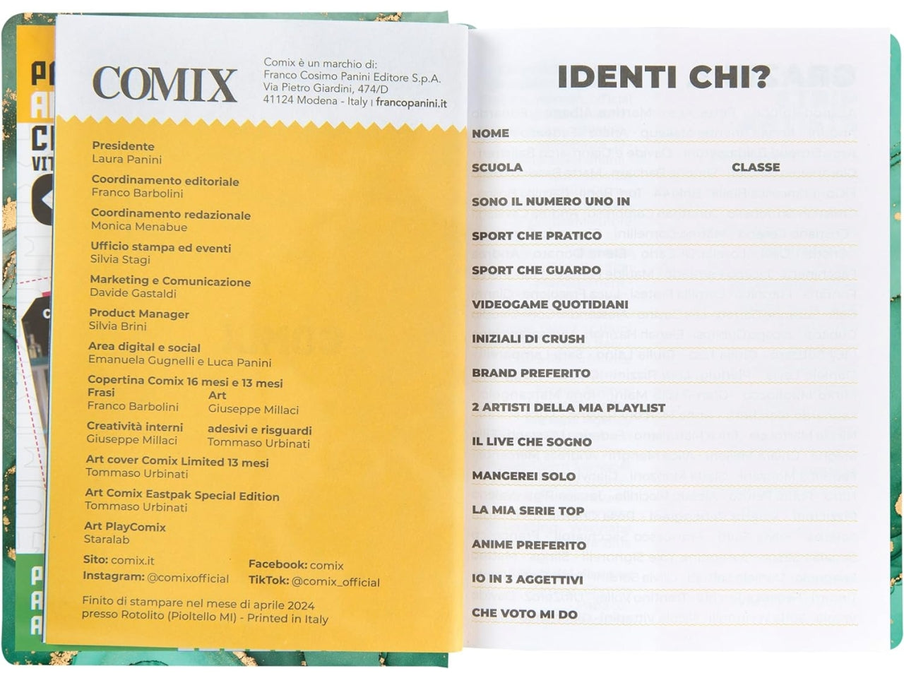 Diario agenda Comix standard 16 mesi con copertina rigida verde e oro, anno 2024/25, 13x17,3 cm