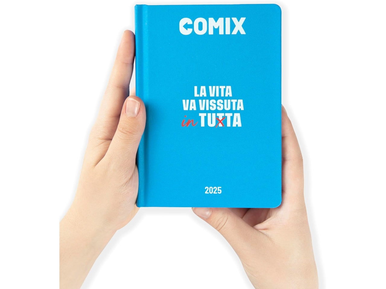 Diario agenda Comix mini 16 mesi con copertina rigida azzurra, anno 2024/25, 11x15,3 cm