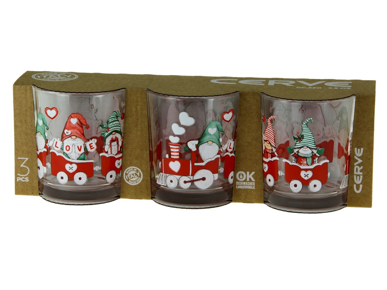 Bicchiere acqua 220cc natalizio in vetro decorazione trenino e gnomi, set 3 pezzi - Cerve
